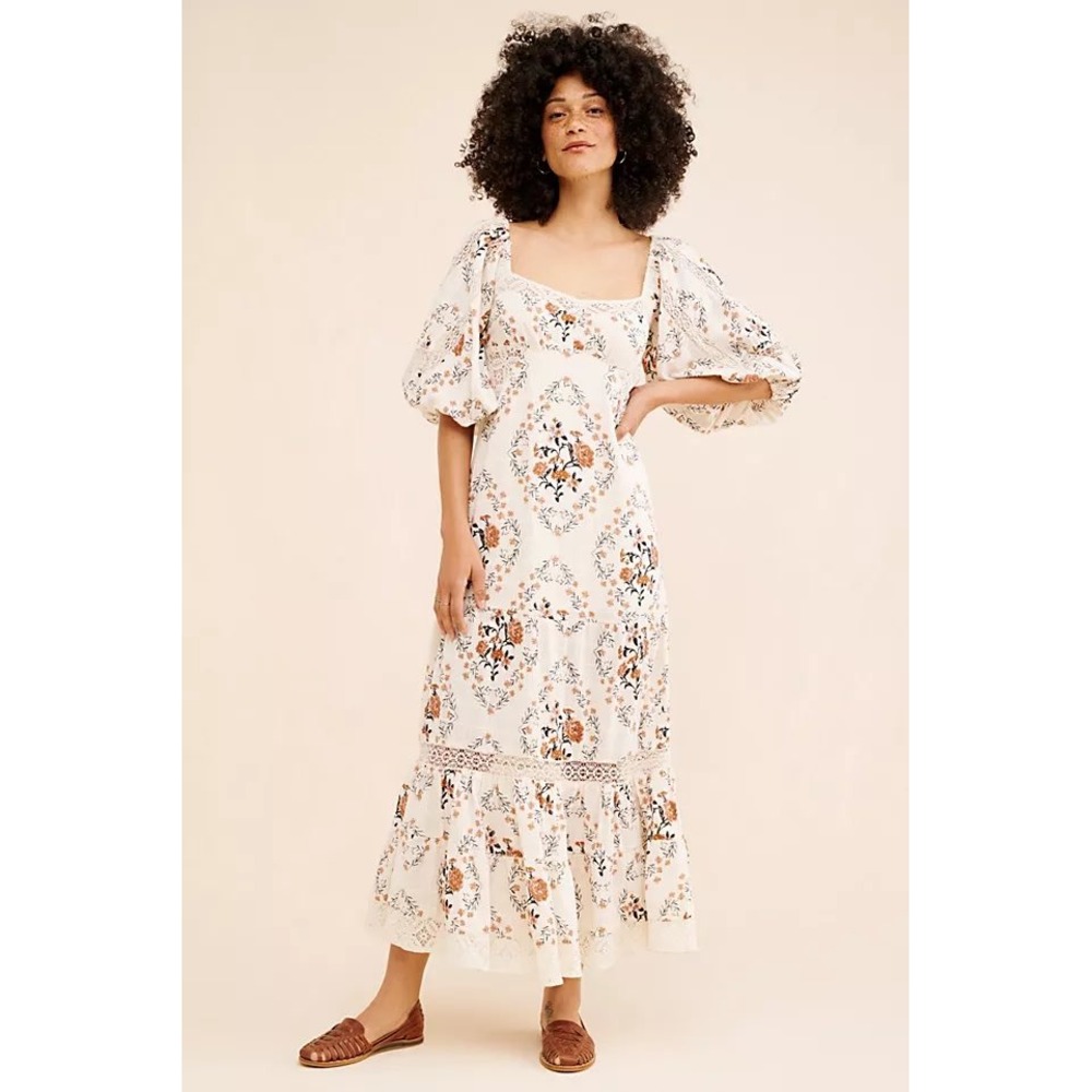 Free People All The Attitude Maxi Dress Cream Floral Puff Sleeve Smocked Small